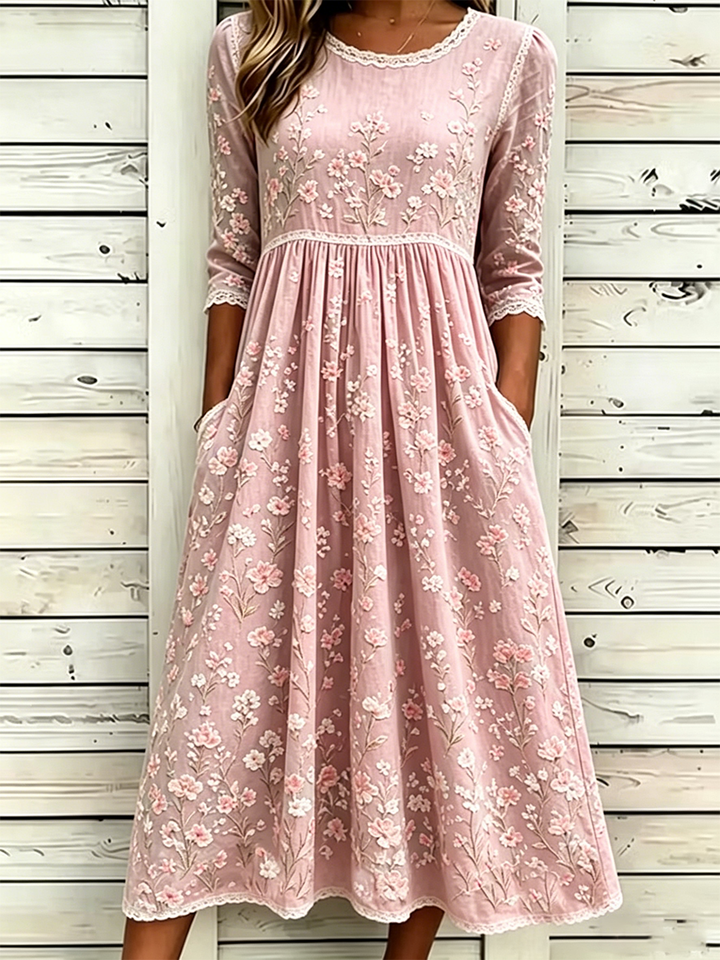 Alix | Embroidered Panel Long Sleeve Midi Dress