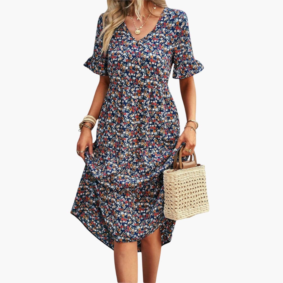 Women’s Midi Dress with V‑Neck and Gathered Waist