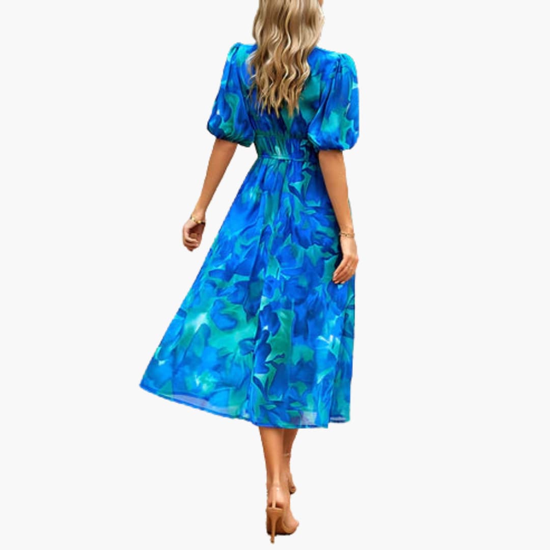 Women’s Midi Dress with Lantern Sleeves and Flared Skirt