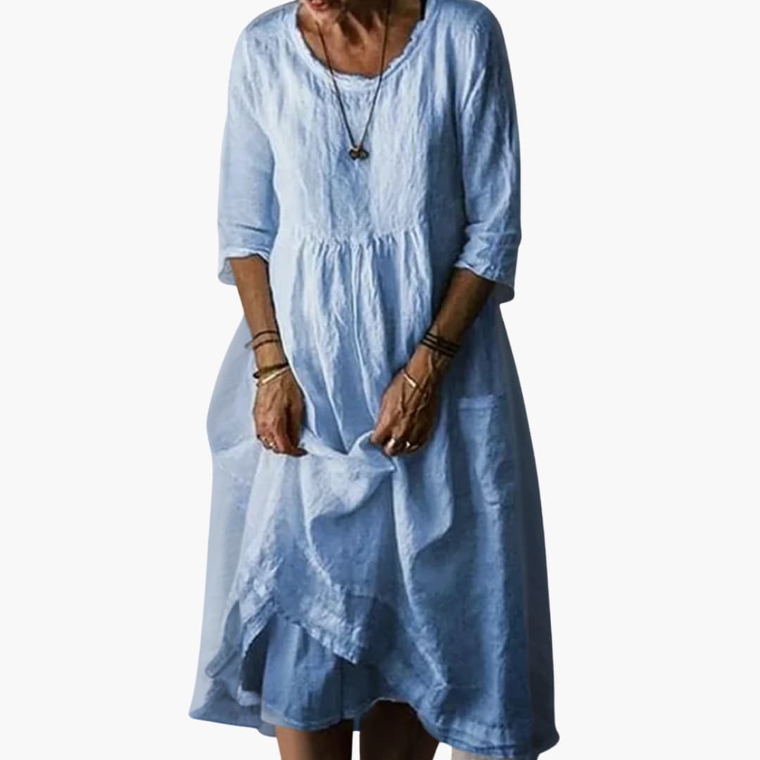 Women’s Midi Dress with Pleated Bodice and Asymmetrical Hemline