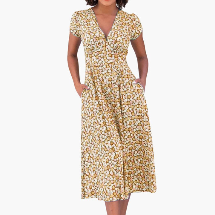 Women’s Midi Dress with Button-Front and Side Pockets