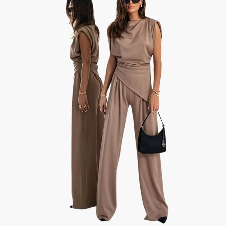 Women’s Two-Piece Set with Draped Top and Wide-Leg Pants
