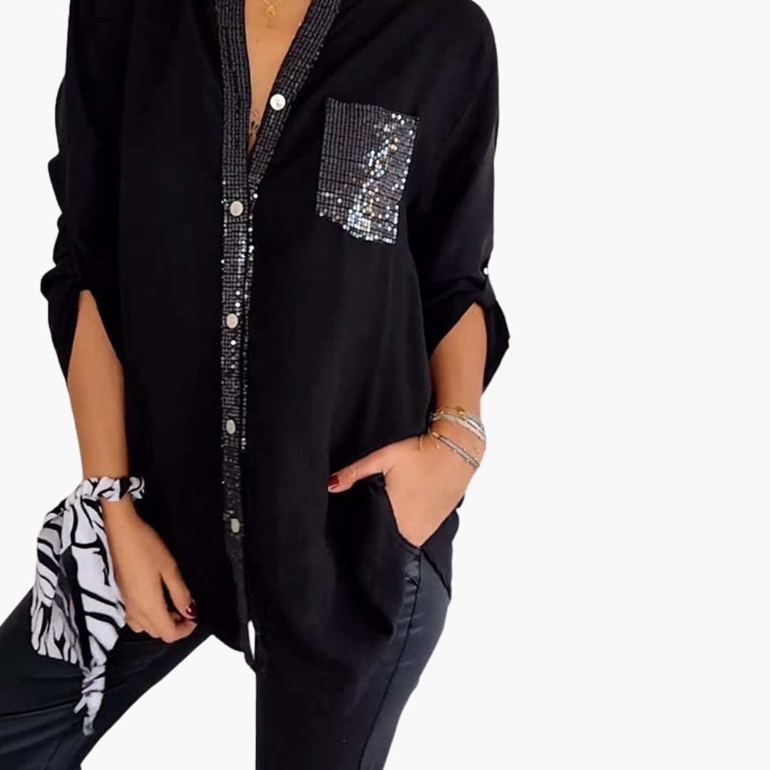 Women’s Long-Sleeve Blouse with V-Neck and Sequins