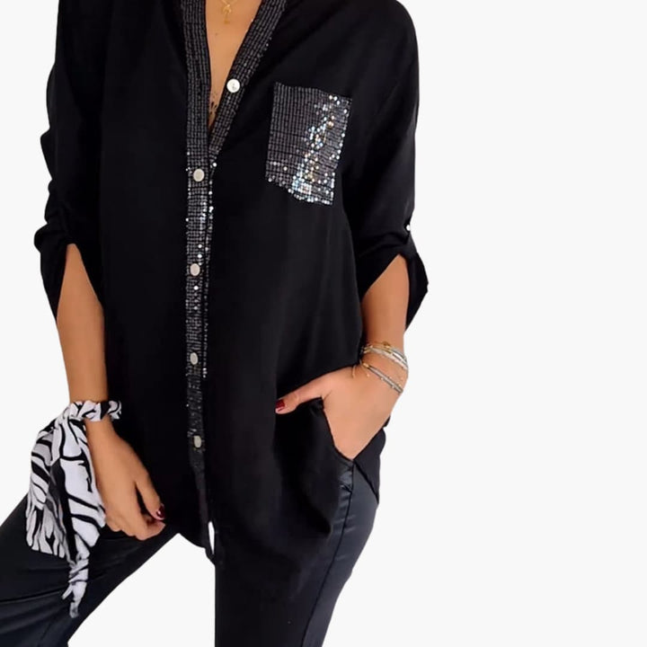Women’s Long-Sleeve Blouse with V-Neck and Sequins