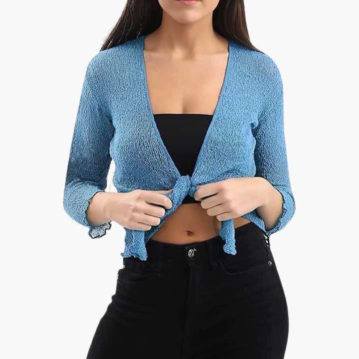 Women’s Cropped Tie-Up Shrug with Three-Quarter Sleeves and Sheer Knit