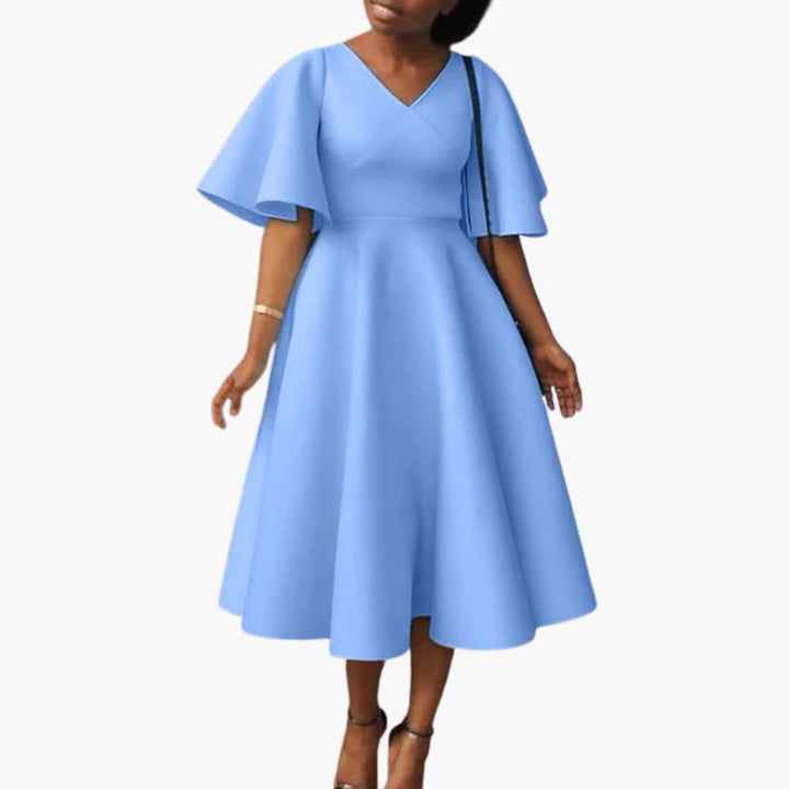 Women’s Midi Dress with V-Neckline and Flutter Sleeves