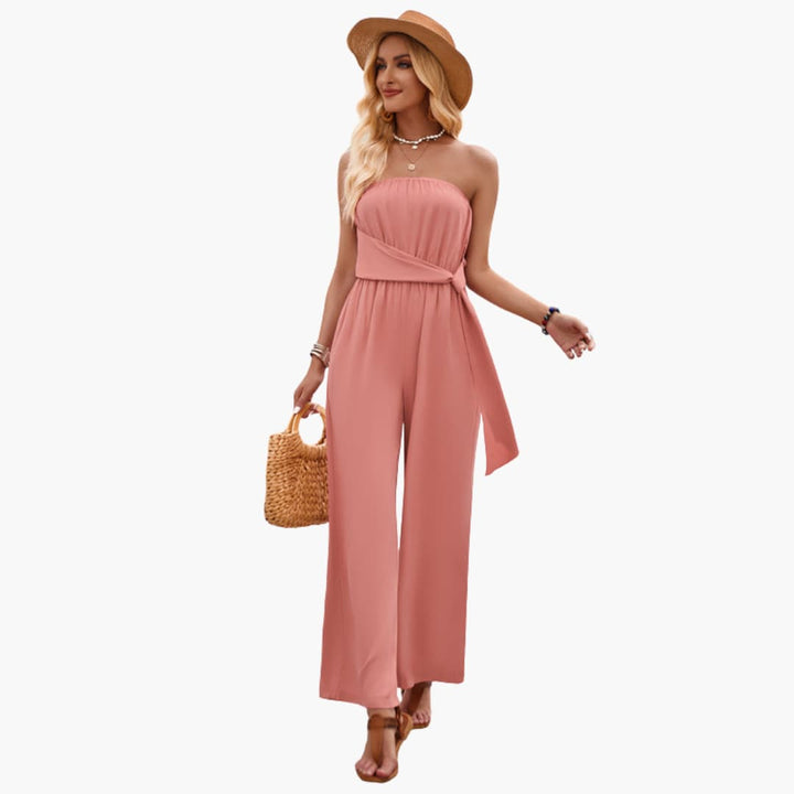Women’s Strapless Jumpsuit with Waist Tie and Wide Legs