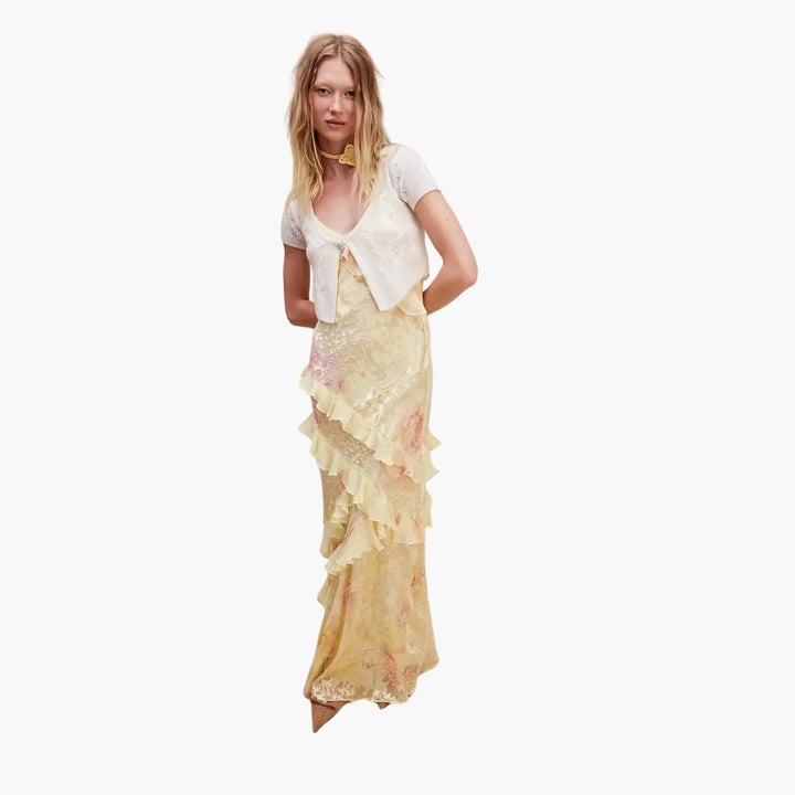 Women Maxi Dress with V-Neck and Ruffle Detail