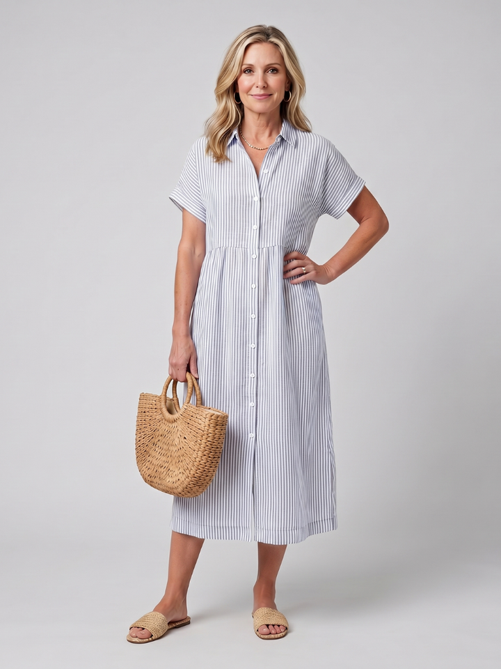 Rosamund | Short Sleeve Stripe Pattern Midi Dress