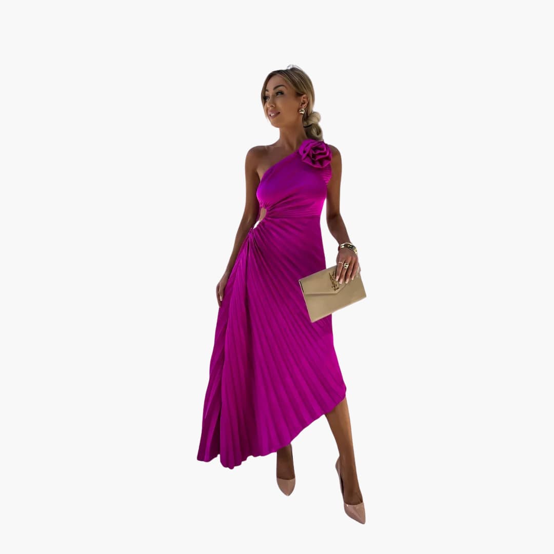 Women’s Midi Dress with Pleated Skirt and Floral Detail