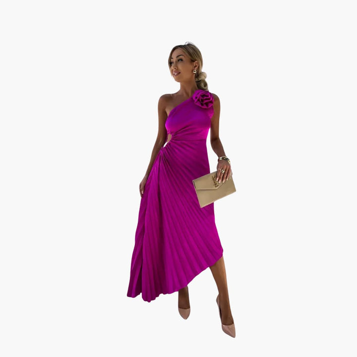 Women’s Midi Dress with Pleated Skirt and Floral Detail
