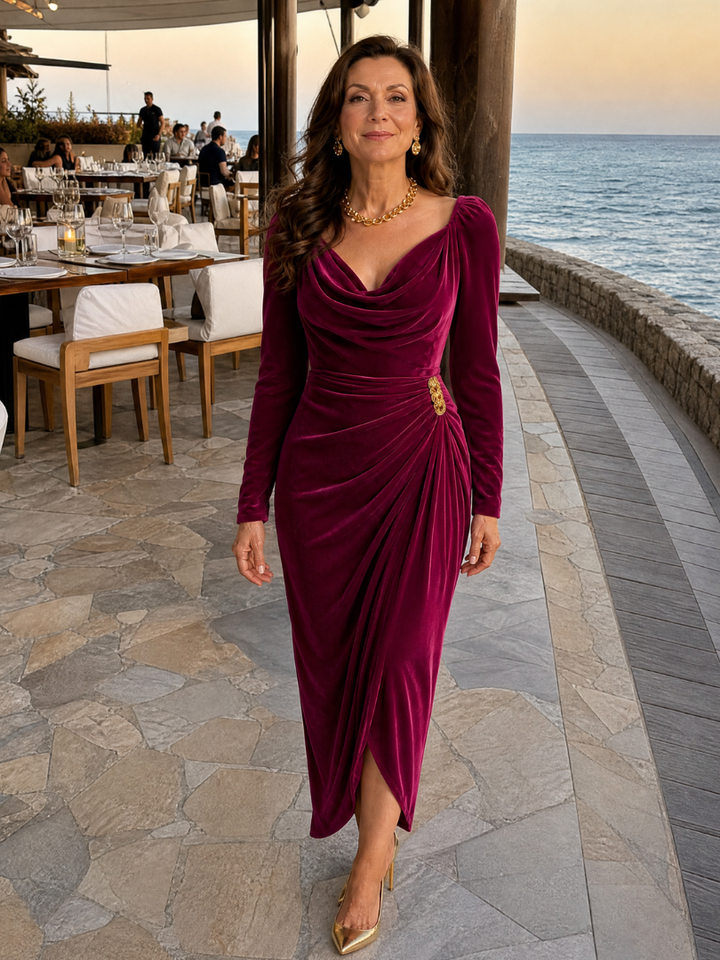 Samiol | Draped Cowl Neck Satin Midi Dress