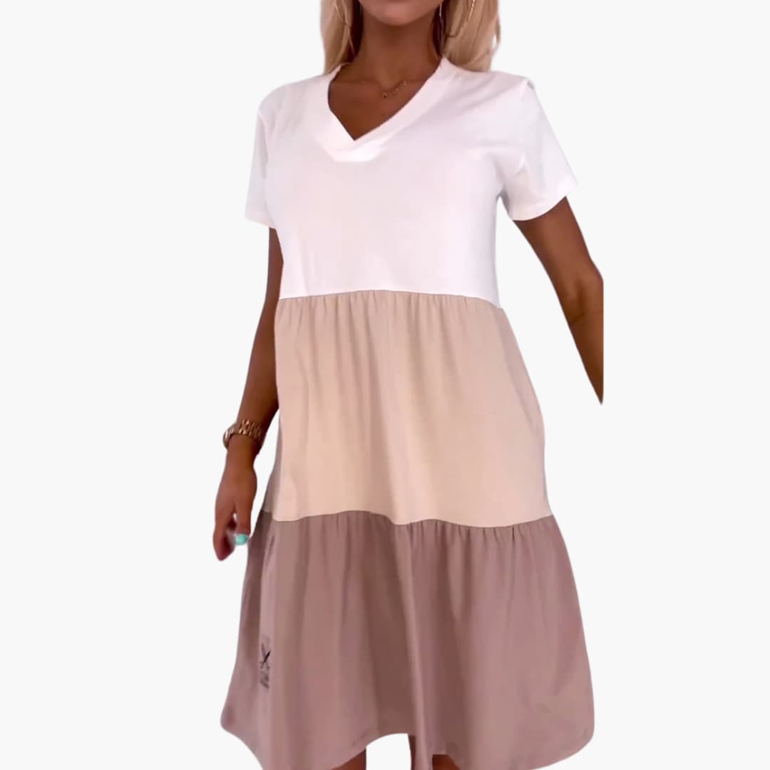 Women’s Dress with Short Sleeves and Colourblock Pattern