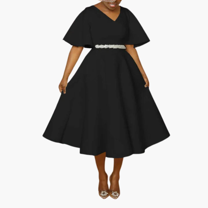 Women’s Midi Dress with V-Neckline and Flutter Sleeves
