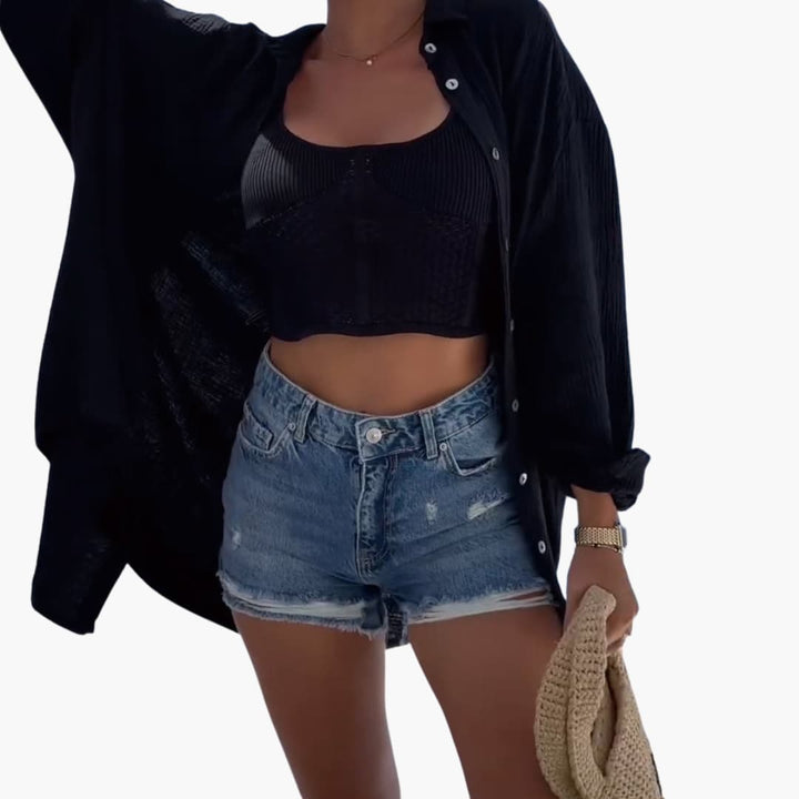 Women’s Oversized Beach Shirt with Collar and Embroidery