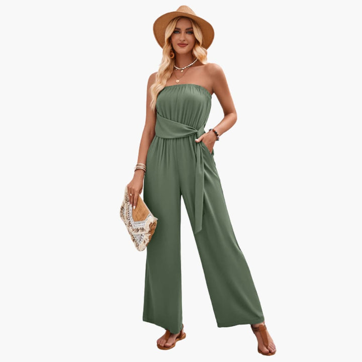 Women’s Strapless Jumpsuit with Waist Tie and Wide Legs