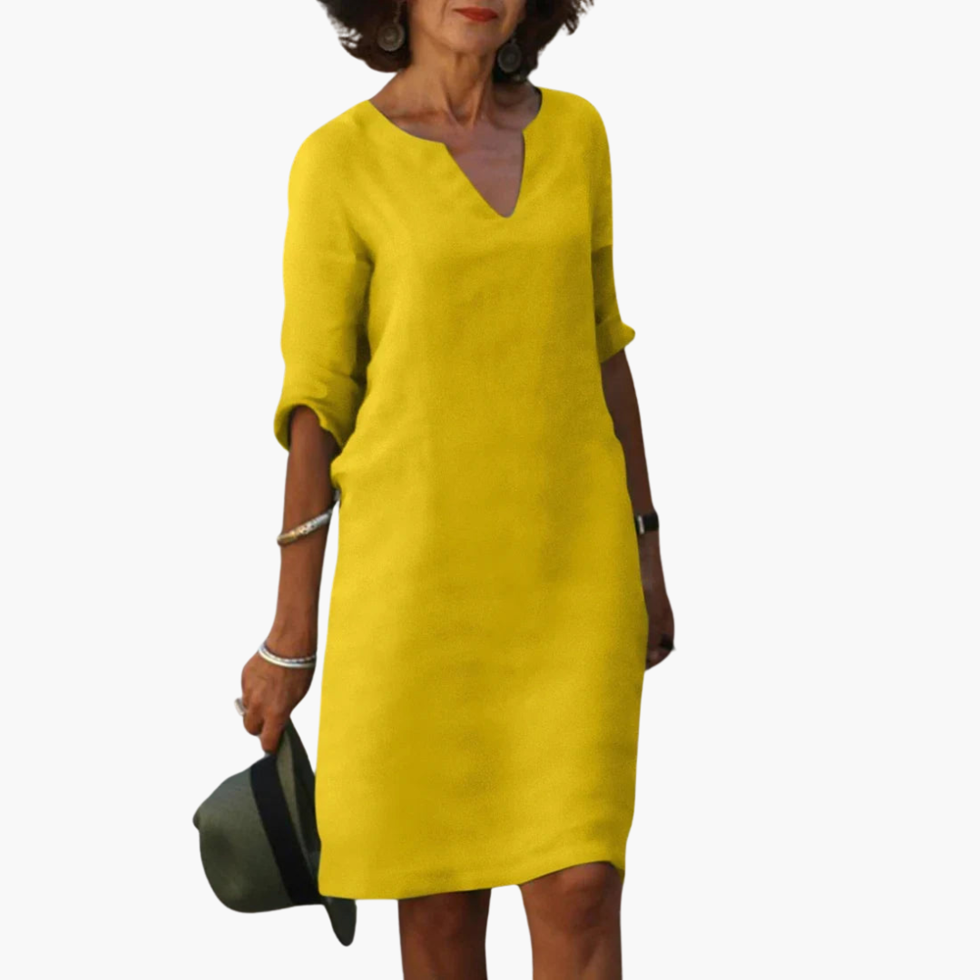 Women’s V-Neck Mini Dress with 3/4 Sleeves and Tapered Waist
