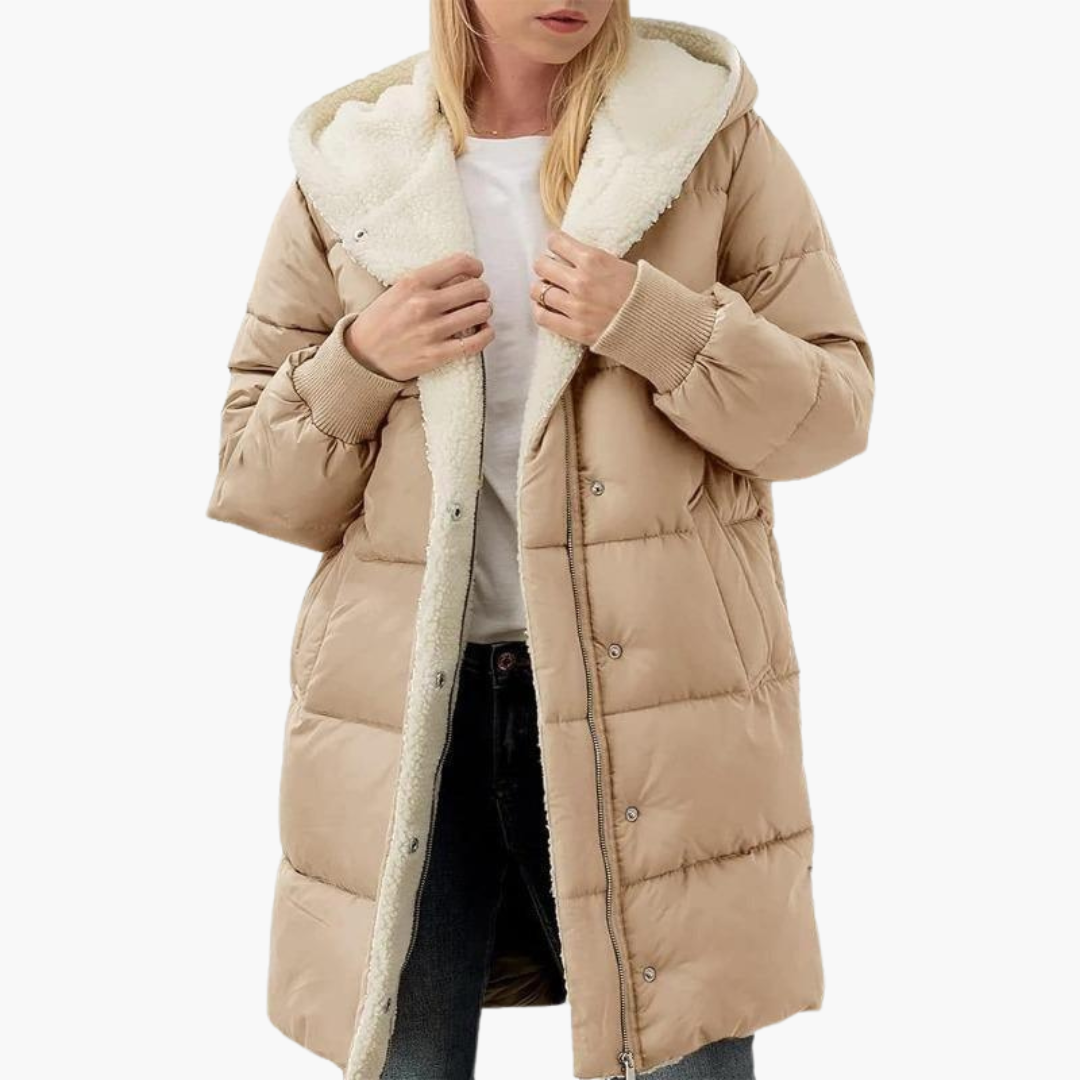 Women’s Hooded Puffer Coat with Fleece Lining and Slim Fit