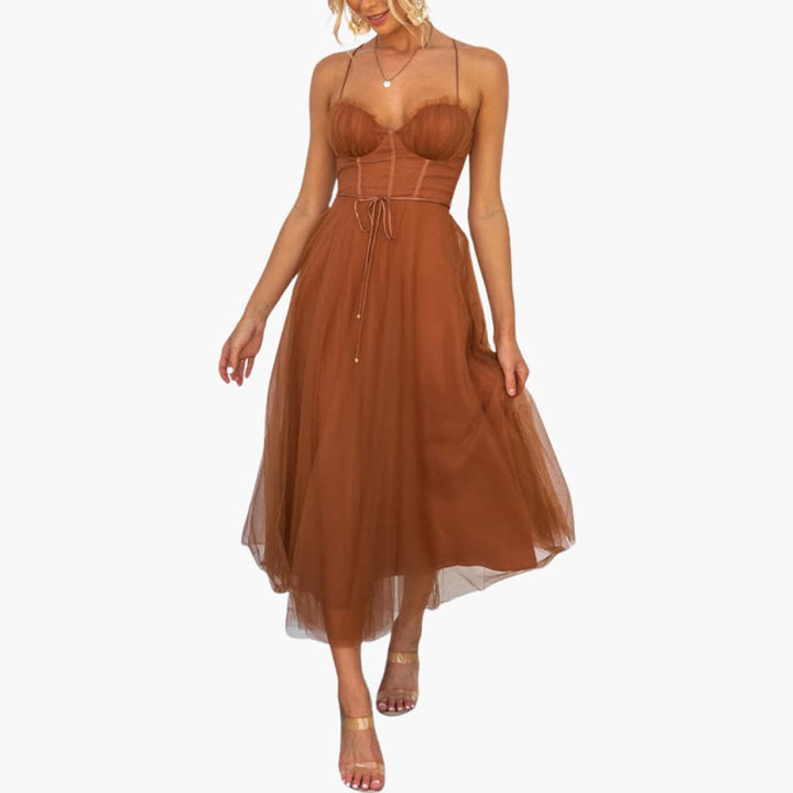 Women’s Tulle Maxi Dress with Spaghetti Straps and Tiered Skirt