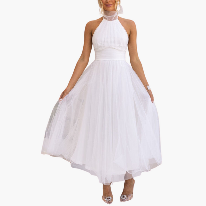 Women’s Tulle Dress with Halter Neck and Flowing Skirt