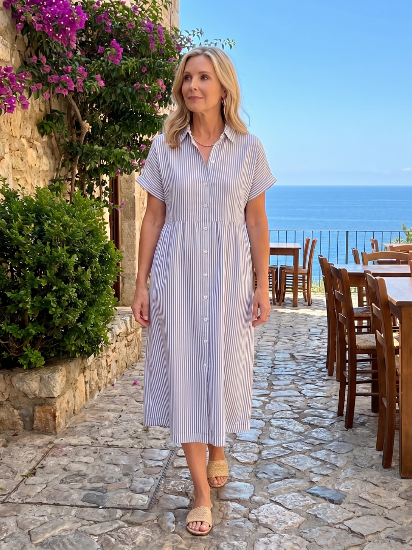 Rosamund | Short Sleeve Stripe Pattern Midi Dress