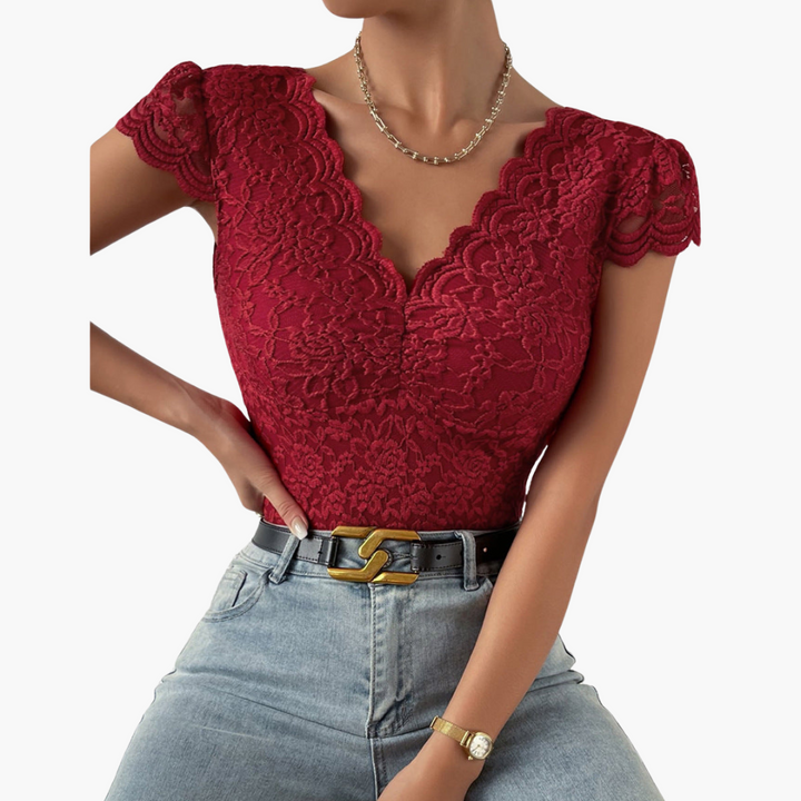 Women’s Lace Bodysuit with V-Neck and Fitted Silhouette
