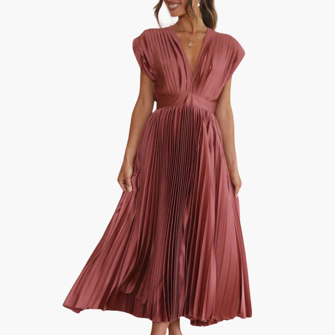 Women’s Midi Dress with Pleated Design and Cap Sleeves