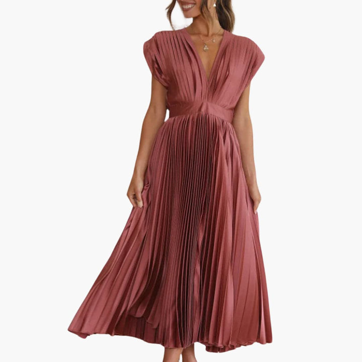 Women’s Midi Dress with Pleated Design and Cap Sleeves