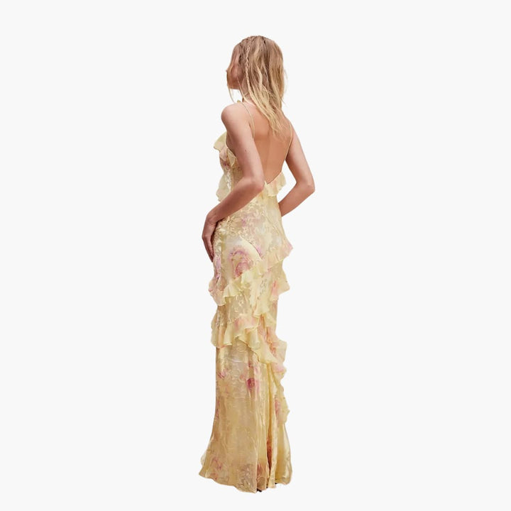 Women Maxi Dress with V-Neck and Ruffle Detail
