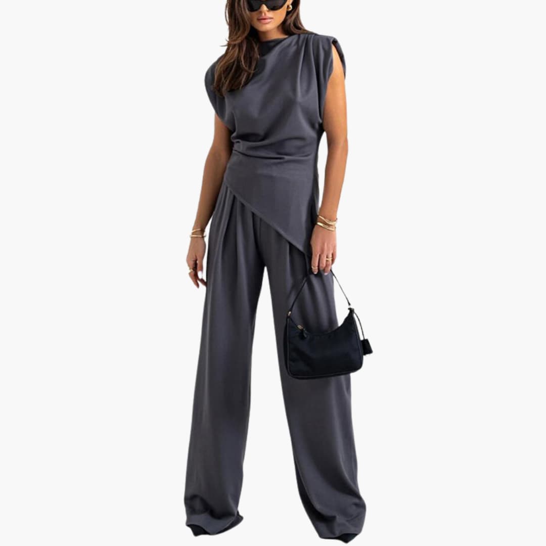 Women’s Two-Piece Set with Draped Top and Wide-Leg Pants