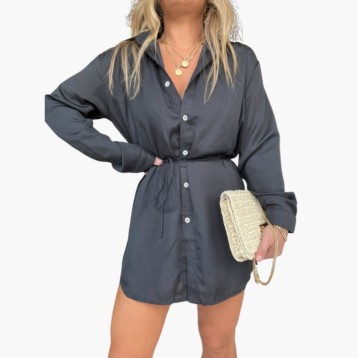 Women’s Romper Dress with Collared Neck and Drawstring Waist