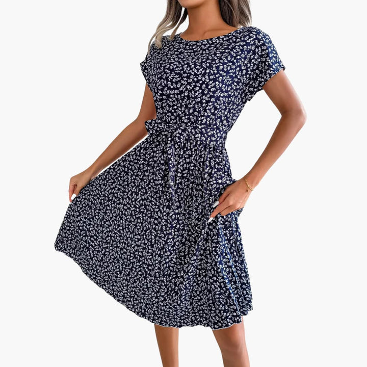 Women’s Summer Dress with Belted Waist and Floral Print