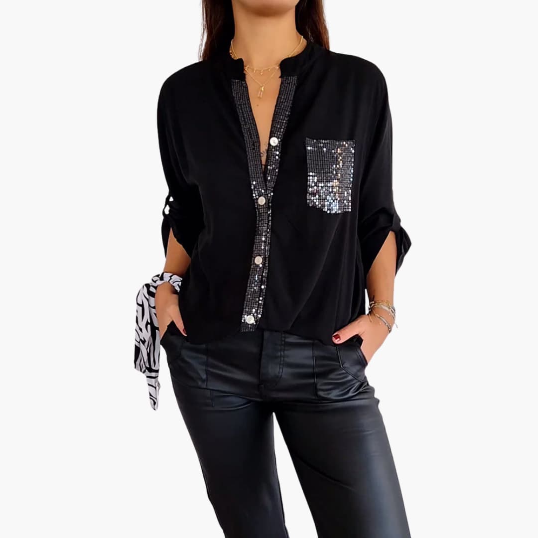 Women’s Long-Sleeve Blouse with V-Neck and Sequins