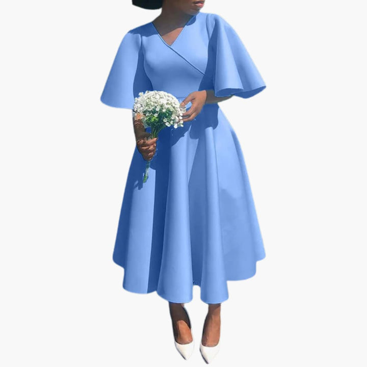 Women’s Midi Dress with V-Neckline and Flutter Sleeves