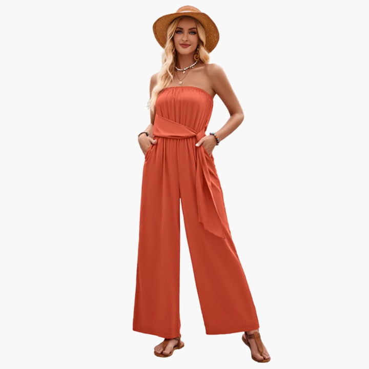 Women’s Strapless Jumpsuit with Waist Tie and Wide Legs