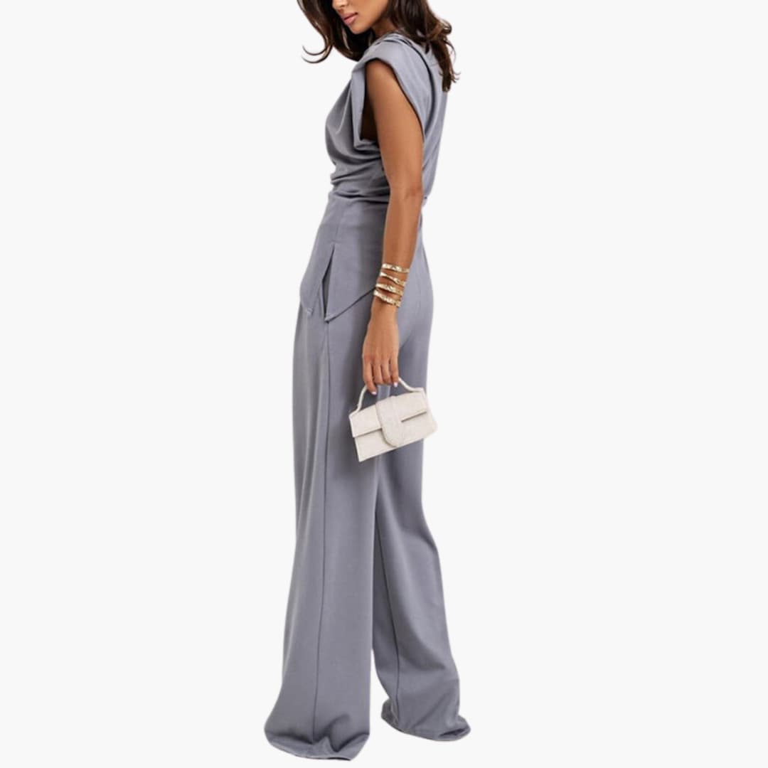 Women’s Two-Piece Set with Draped Top and Wide-Leg Pants