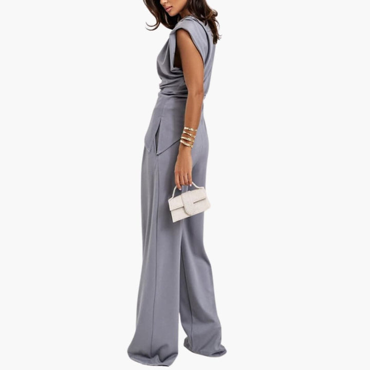 Women’s Two-Piece Set with Draped Top and Wide-Leg Pants