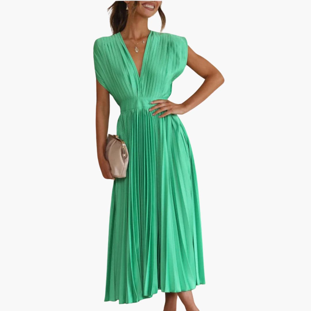 Women’s Midi Dress with Pleated Design and Cap Sleeves