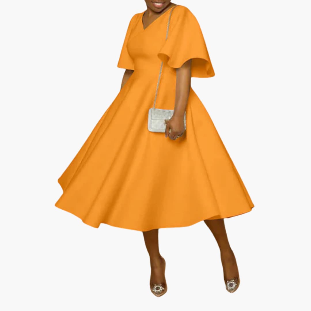 Women’s Midi Dress with V-Neckline and Flutter Sleeves