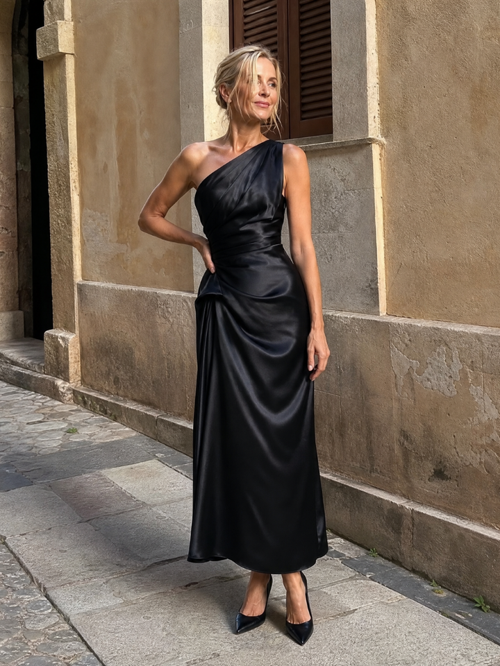 Zeima | One Shoulder Draped Satin Maxi Dress