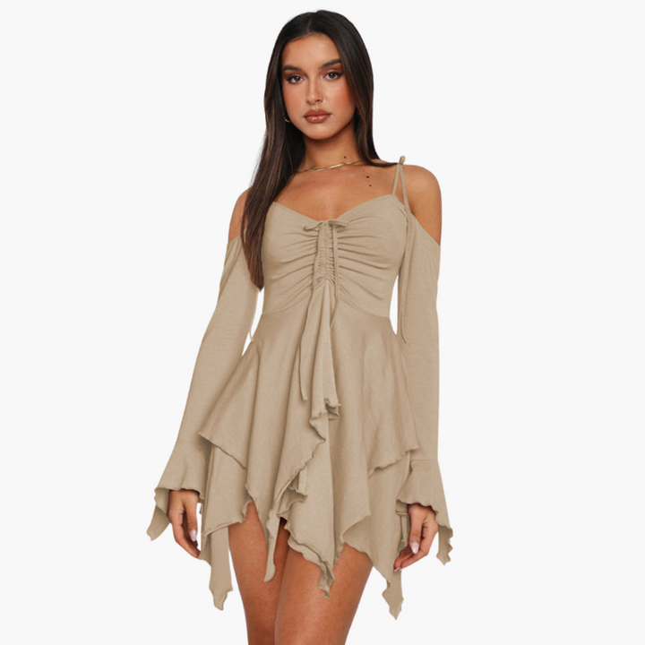 Women’s Mini Dress with Off-the-Shoulder Neckline and Layered Design