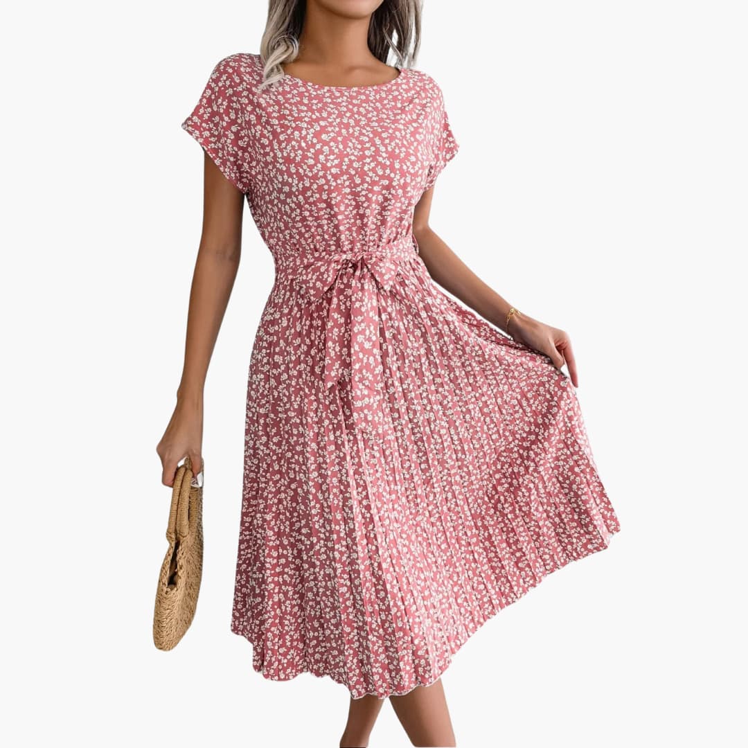 Women’s Summer Dress with Belted Waist and Floral Print