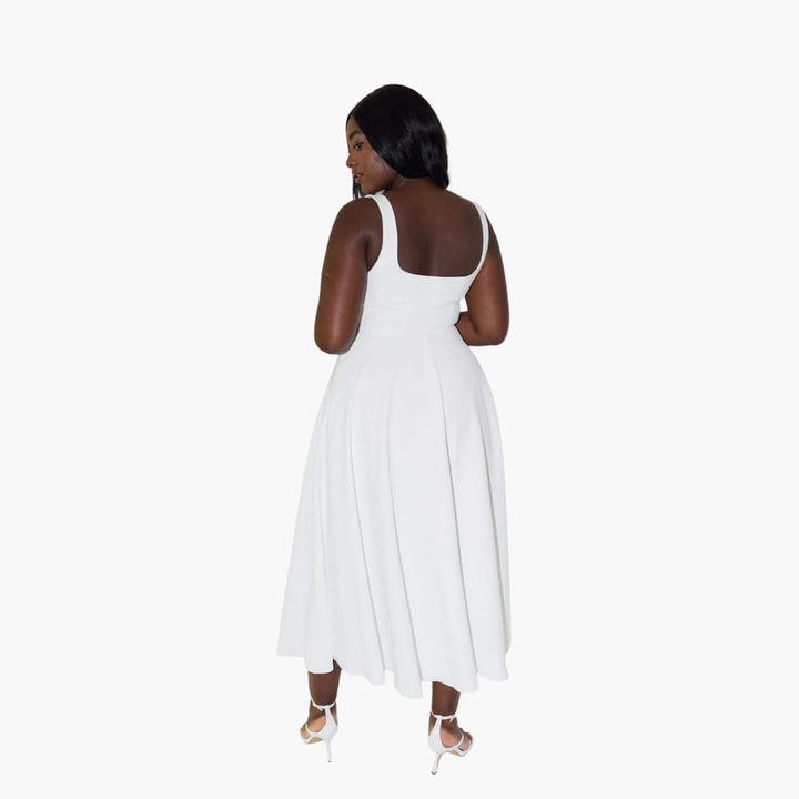 Women’s Midi Dress with Square Neckline and Flared Skirt