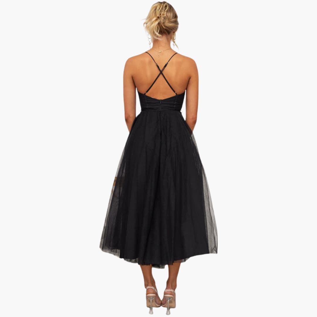 Women’s Tulle Maxi Dress with Spaghetti Straps and Tiered Skirt