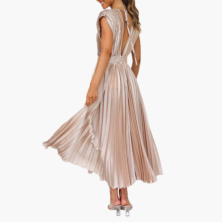 Women’s Midi Dress with Pleated Design and Cap Sleeves