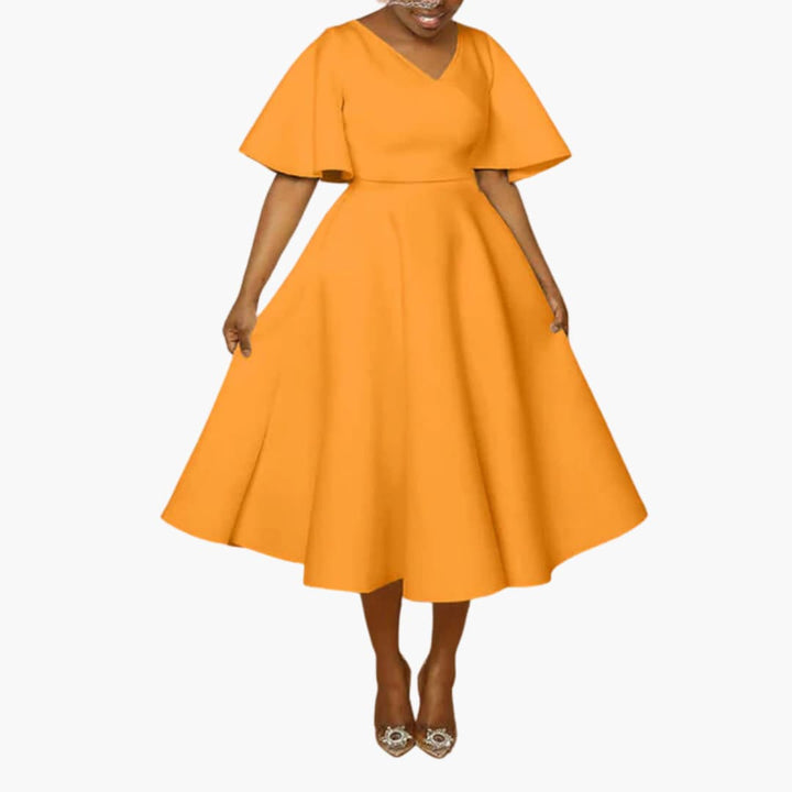 Women’s Midi Dress with V-Neckline and Flutter Sleeves
