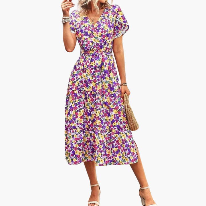 Women’s Floral Wrap Midi Dress with V-Neck