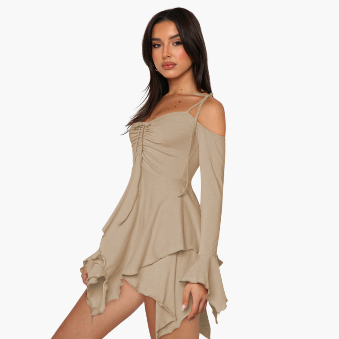 Women’s Mini Dress with Off-the-Shoulder Neckline and Layered Design