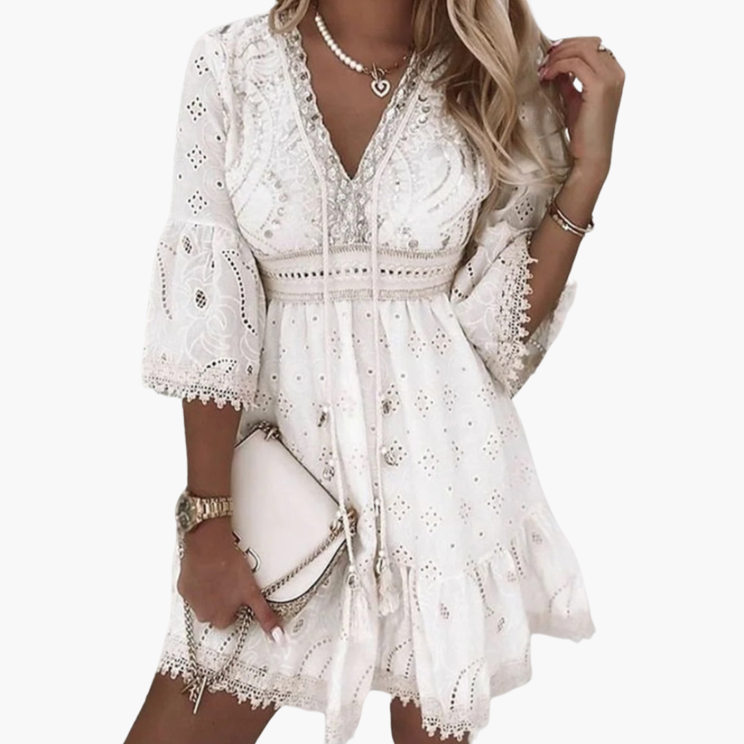 Women’s Mini Dress with V-Neck and Lace Sleeves