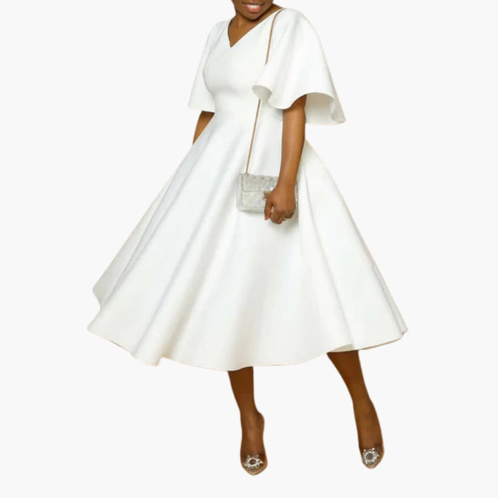 Women’s Midi Dress with V-Neckline and Flutter Sleeves